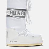 White moon boot with 'MOON BOOT' branding on a white background