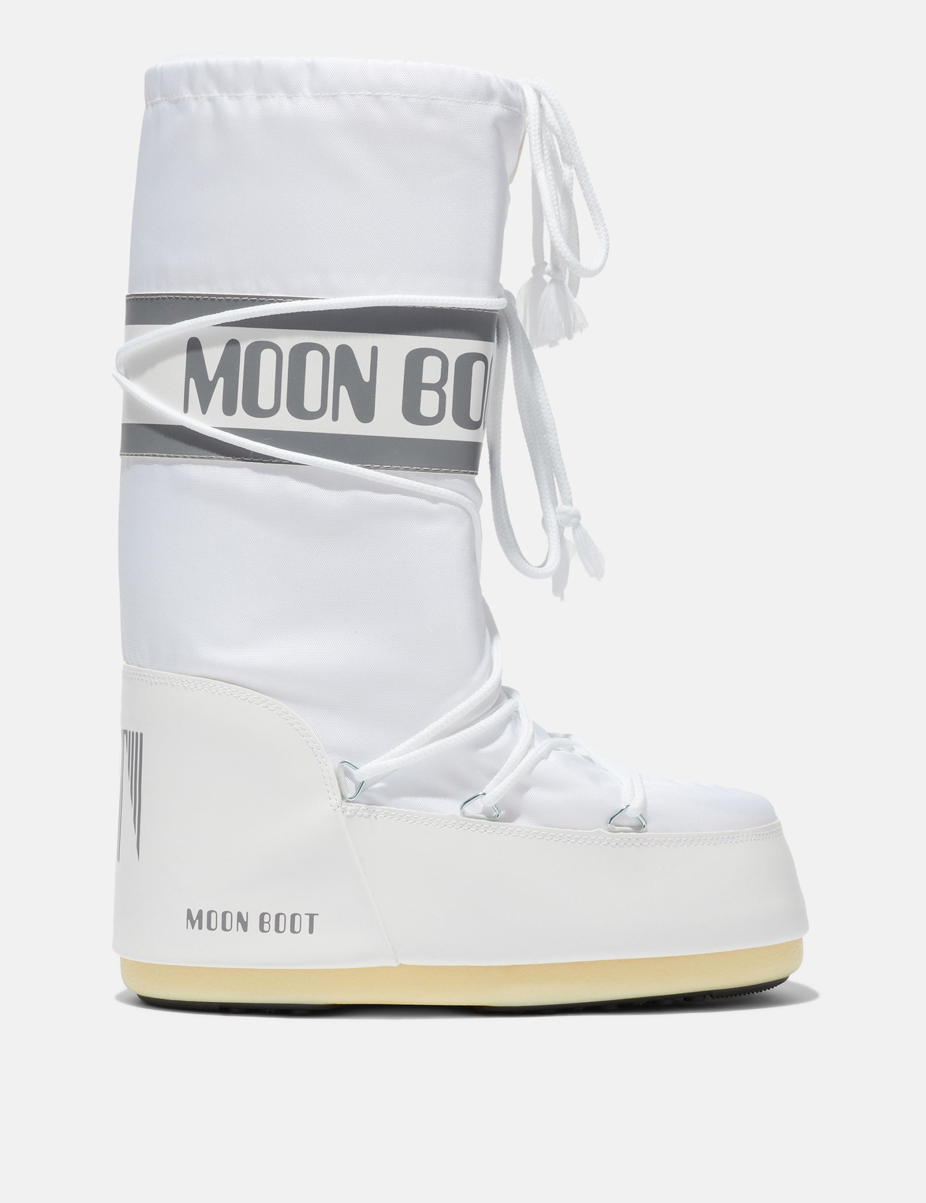 White moon boot with 'MOON BOOT' branding on a white background